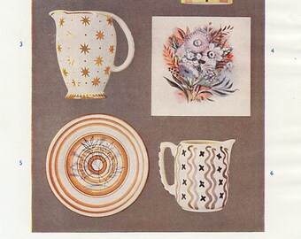 Decorative painted British ceramics, jug plate, cup saucer, sugar bowl, 1960s vintage print of decorative pottery