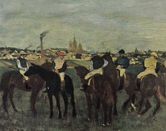 Horse Race painting, landscape painting with horses and Jockeys, vintage reproduction of French oil painting by Degas in blues browns greens