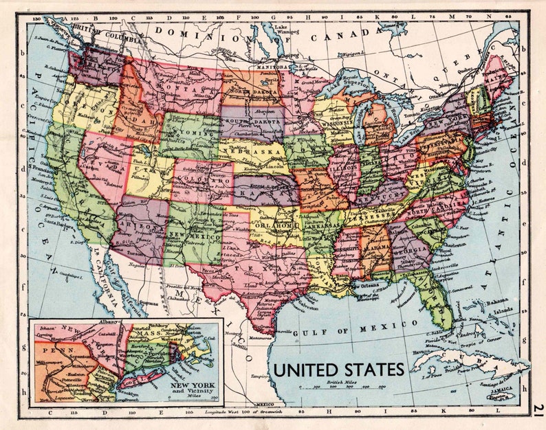 USA US Map Antique United States Map With New York Inset - Etsy
