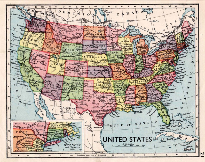 USA US map, antique United States map with New York inset, 1930s US school map, travel decor image 1