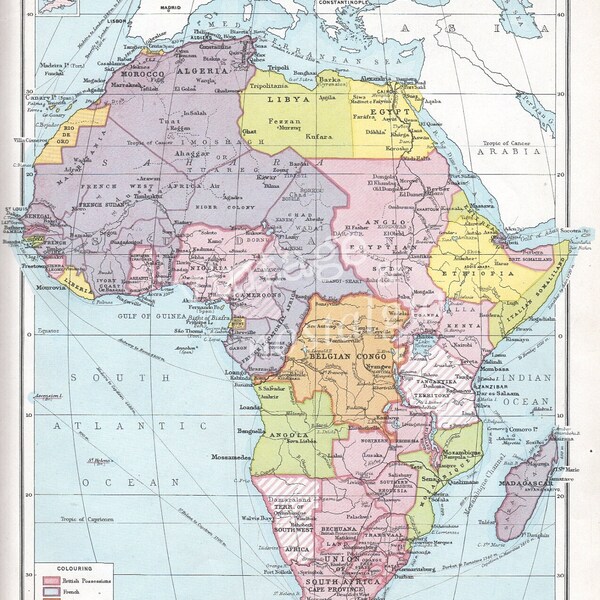 1934 Africa political vintage map pastel colors Belgian Congo Cameroon French West Africa