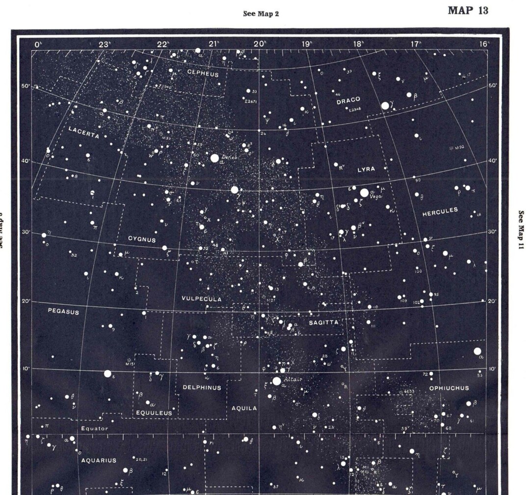 Navy Blue STAR MAPS 13 & 14, Large Vintage Astronomy Star Chart of ...