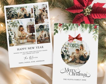 Merry Christmas Photo Card Template, Editable Family Christmas Card,  Modern Holiday Card, Picture Red Bow Holiday Card, Instant Download