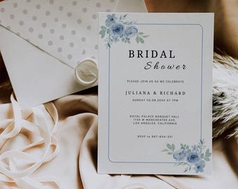 Dusty Blue Bridal Shower Invitation, Printable Bridal Shower, Editable Bridal Shower Invite, Floral Bridal Shower, Boho Bridal Shower BW01