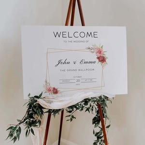 Pink Rose Wedding Welcome Sign Template, Blush Floral Wedding Welcome Sign, Wedding Welcome Poster, Canva Template RW07