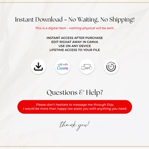 May include: Cream-colored digital download graphic with text: "Instant Download - No Waiting, No Shipping!" and "This is a digital item - nothing physical will be sent." Includes Canva and lifetime access icons.