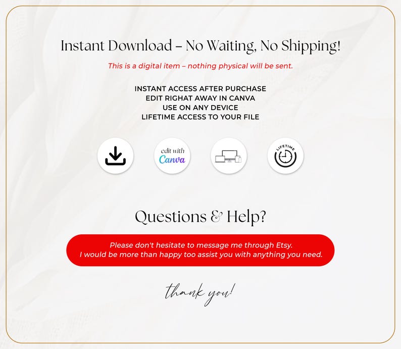 May include: Cream-colored digital download graphic with text: "Instant Download - No Waiting, No Shipping!" and "This is a digital item - nothing physical will be sent." Includes Canva and lifetime access icons.