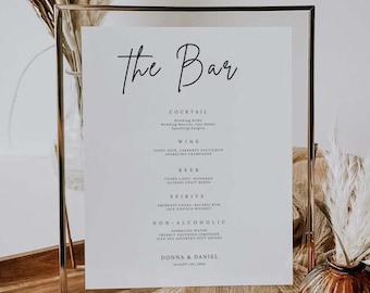 Bar Sign Template, Wedding Drink Menu Template, Printable Bar Sign, Minimalist Wedding Bar Menu, 8x10 Editable Canva MW04