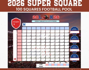 Super Big Game Football Squares, 100 Squares Football Pool, 2026 Super Big Bowl Pool in Santa Clara CA, Team Fundraiser, Instant download