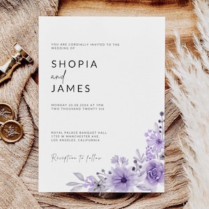 May include: A wedding invitation with the names "Shopia and James" in elegant script. The invitation features a floral design in shades of purple and gray. The text includes the date, time, and location of the wedding.