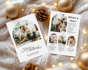 Modelo de cartão de Natal com retrospectiva anual, colagem de fotos de cartões "Que ano!", modelo de cartão de Natal editável, cartão de família com foto de boletim informativo de Natal