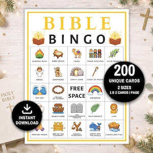 May include: A Bible Bingo game sheet featuring a grid of colorful illustrations of biblical figures and symbols, including a burning bush, baby Jesus, a camel, and Noah's ark. The text reads 200 unique cards, 2 sizes, and instant download.