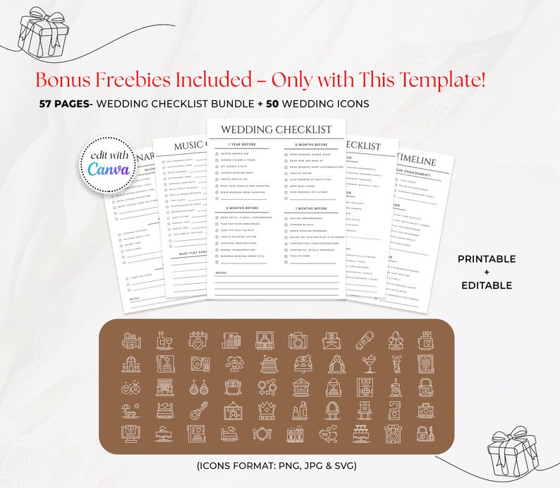 May include: A wedding checklist bundle with 57 pages and 50 icons. The text on the pages reads "Wedding Checklist" and "Timeline". The bundle includes freebies and is printable and editable. The icons are in PNG, JPG, and SVG formats.