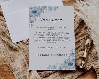 Plantilla de servilleta de agradecimiento para boda en azul empolvado, tarjeta de agradecimiento para boda en azul empolvado, tarjeta de agradecimiento para boda bohemia, plantilla Canva, BW01