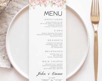 Pink Rose Wedding Menu Template,  Blush Pink Flowers Printable Menu Card, Modern Wedding Menu, Editable Dinner Menu, Wildflower Floral GW07