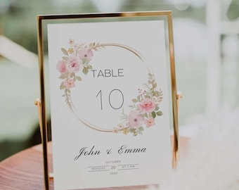 Pink Rose Wedding Table Numbers Template, Printable Blush Pink Wedding Table Numbers, Flowers Editable Table Numbers Card RW07