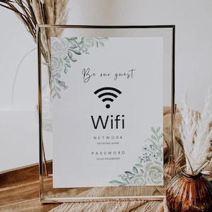 Printable Wifi Code, QR Code Wifi, Connect to Our Wifi, Greenery Wifi Code Sign, Scan to Connect,  Canva Wifi Display Template GWO3