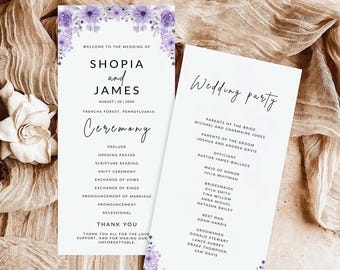 Lavender Wedding Programs Template, Ceremony Lilac Floral Program, Elegant Boho Itinerary Card, Printable Timeline, Instant Download PW09