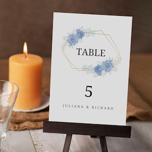 Blue Floral Wedding Table Numbers, Watercolor Table Numbers, Printable Table Number Place Card, DIY Table Number Signs, Canva Template BW01