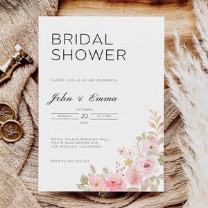 Pink Rose Bridal Shower Invitation, Editable Bridal Shower, Modern Bridal Shower Invite, minimalist Bridal Shower, Boho Bridal Shower RW07