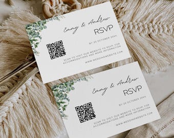 Plantilla editable de tarjeta RSVP de eucalipto, inserto RSVP imprimible para boda, tarjeta de respuesta de boda con vegetación, plantilla Canva GW05