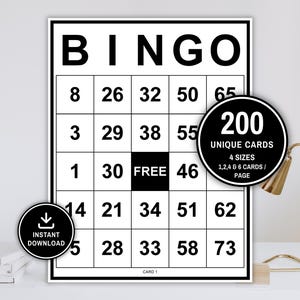 200 utskrivbara bingobrickor | 1, 2, 4 och 6 per sida | Bingosällskapsspel, stor stil, enkelt svartvitt standardbingospel med 75 calls