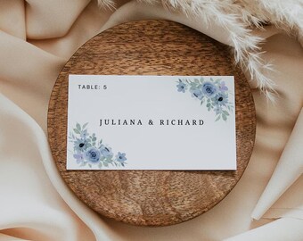 Name Card Template, Place Card with Table Numbers, Blue Floral Wedding Place Card Template, Printable Name Cards, Modern Place Card BW01
