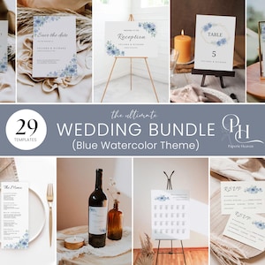 Wedding Stationery Bundle Toile, Blue Floral Reception Signs Template, Dusty Blue Wedding Invitation Set, Editable Table Sign Package BW01