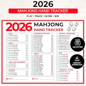 2026 Mahjong Hand Tracker, American Mahjong Scorecard, druckbare Mah Jongg PDF Digitaler Download