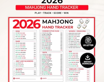 2026 Mahjong Hand Tracker, American Mahjong Scorecard, druckbare Mah Jongg PDF Digitaler Download
