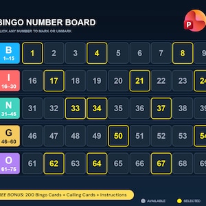 May include: A digital Bingo Number Board interface on a dark background with rows labeled B, I, N, G, O. The grid displays numbers 1 through 69 in dark squares. Selected numbers are highlighted with yellow borders. Includes text: BINGO NUMBER BOARD.