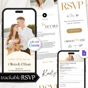 Könnte beinhalten: Digitales Hochzeitskarten-Design mit einem Paar, Olivia & Ethan, und RSVP-Details. Das Design enthält den Text "trackable RSVP" und "edit with Canva". Die Einladung wird auf einem Smartphone angezeigt.