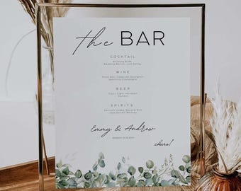 Plantilla de letrero para menú de bar de boda, letrero para bebidas, menú de bar con vegetación, menú de bar con eucalipto, menú de bar con acuarela, menú de bar imprimible GW05