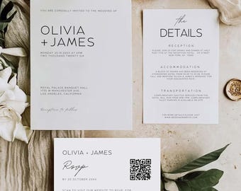 Minimal Wedding Invite Suite, Modern Invitation Set Template Canva, Editable Invitation with Qr Code RSVP, Details Card, Download MW01