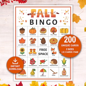 May include: A Fall Festival Bingo game card featuring a grid of autumn-themed illustrations including an acorn, pumpkin, chestnut, tree, hay bale, leaf, squirrel, pinecone, apple pie, sunflower, boots, fox, cranberries, wheelbarrow, hedgehog, corn, sweater, gourd, umbrella, rake, and maple syrup.