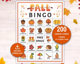 Fall Bingo, Fall Bingo Cards, Printable Fall Bingo Game, Autumn Bingo, Autumn Activity, Kids Autumn Game, Fall Classroom Activity, Fall Game