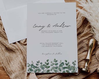 Modèle de faire-part de mariage verdure, invitation de mariage eucalyptus, faire-part de mariage minimaliste, carte de mariage modifiable, téléchargement immédiat GW05