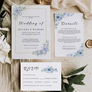 Suite d'invitations de mariage floral bleu, modèle de jeu d'invitations moderne sur toile, invitation modifiable avec RSVP code QR, carte de détails, téléchargement BW01