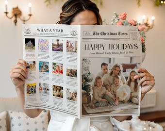 Newspaper Christmas Photo Card Template, What a Year Holiday Newsletter, Year In Review Holiday Card, Editable Family Photo Christmas Card