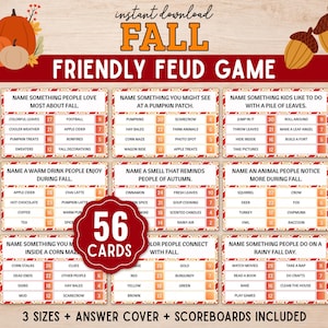 Peut inclure: Un jeu de société Fall Friendly Feud comprenant 56 cartes avec des questions sur le thème de l'automne et des points. Le design présente des citrouilles orange, des glands marron et des bannières rouges avec du texte blanc.