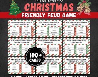 May include: A digital download of a Christmas Friendly Feud game with 100+ cards. The game includes answer covers, scoreboards, and comes in 3 sizes. The game features various Christmas-themed categories and answers.