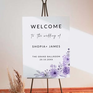 Purple Wedding Welcome Sign Template, Floral Purple Welcome Sign, Lavender Wedding Welcome Sign, Editable Welcome Sign, Canva Template PW09