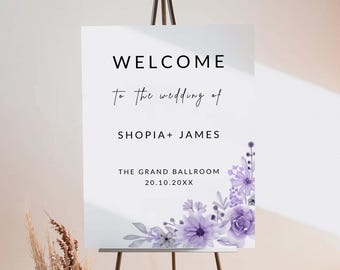 Purple Wedding Welcome Sign Template, Floral Purple Welcome Sign, Lavender Wedding Welcome Sign, Editable Welcome Sign, Canva Template PW09