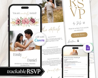 Digitale huwelijksuitnodiging, digitale bruiloft webuitnodiging, online RSVP-trouwwebsite met RSVP-countdowntimer, RSVP-formulier en kaart RS08