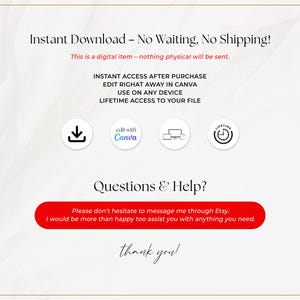 May include: Cream-colored digital download graphic with text: "Instant Download - No Waiting, No Shipping!" and "This is a digital item - nothing physical will be sent." Includes Canva and lifetime access icons.