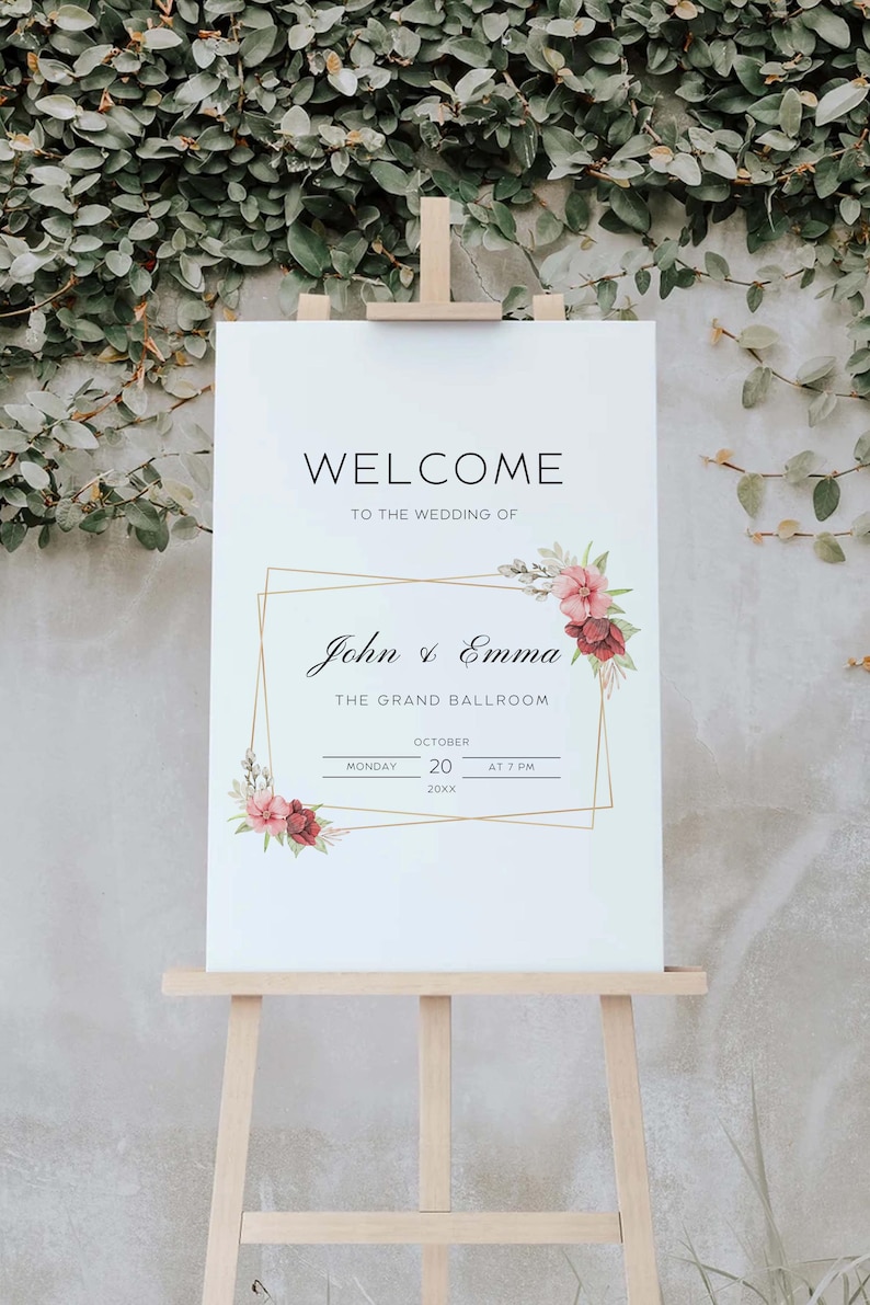 Pink Rose Wedding Welcome Sign Template, Blush Floral Wedding Welcome ...
