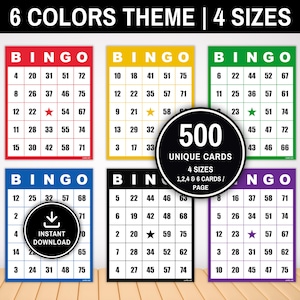 Peut inclure: Six cartes de bingo en rouge, jaune, vert, bleu, noir et violet avec le texte 6 COLORS THEME | 4 SIZES en haut. Un badge circulaire noir indique 500 UNIQUE CARDS 4 SIZES 1, 2, 4 & 6 CARDS / PAGE et un autre indique INSTANT DOWNLOAD.