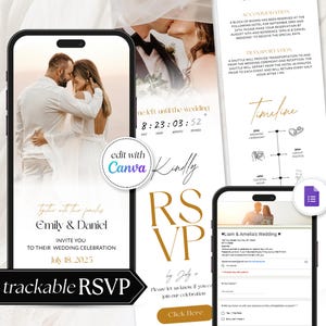 Puede incluir: Un conjunto de invitaciones de boda digitales que se muestran en teléfonos inteligentes. El diseño presenta una pareja abrazándose, detalles de RSVP y un cronograma de boda. El texto incluye "Emily & Daniel" y "trackable RSVP".