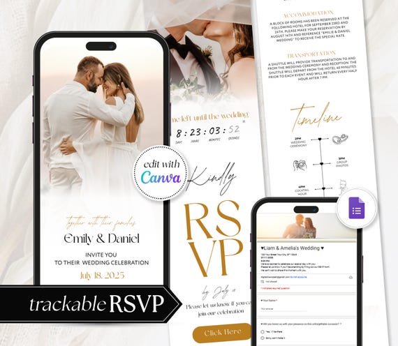 WEB Invitation with Embedded Countdown Timer, Trackable RSVP and Google Form , Digital Wedding Announcement, Canva Website Template RS02