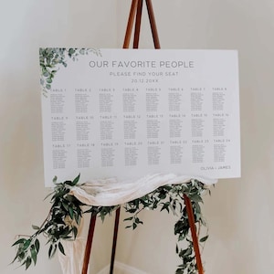 May include: A white seating plan on a wooden easel, decorated with foliage and a draped fabric. The chart reads "OUR FAVORITE PEOPLE" and lists names under table numbers. The date "20.12.20XX" is also displayed. The names "OLIVIA + JAMES" are at the bottom.